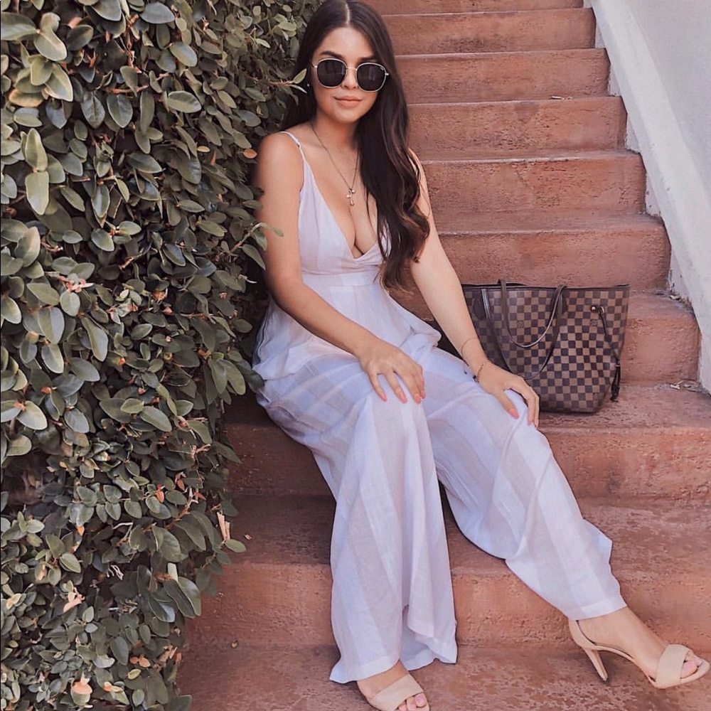 White and tan striped jumpsuit